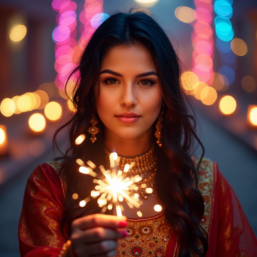 woman with a radiant smile, holding a sparkler, surrounded by twinkling lights and vibrant diyas, wearing a traditional Indian outfit, adorned with intricate jewelry, against a warm and festive Diwali night backdrop, with a soft glow of lanterns and candles, capturing the joy and magic of the festival of lights.