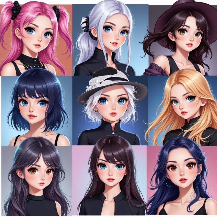 Grid of AI-generated portraits in various styles: anime, cyberpunk, glamour, wizard, clean white layout, aesthetic mood board