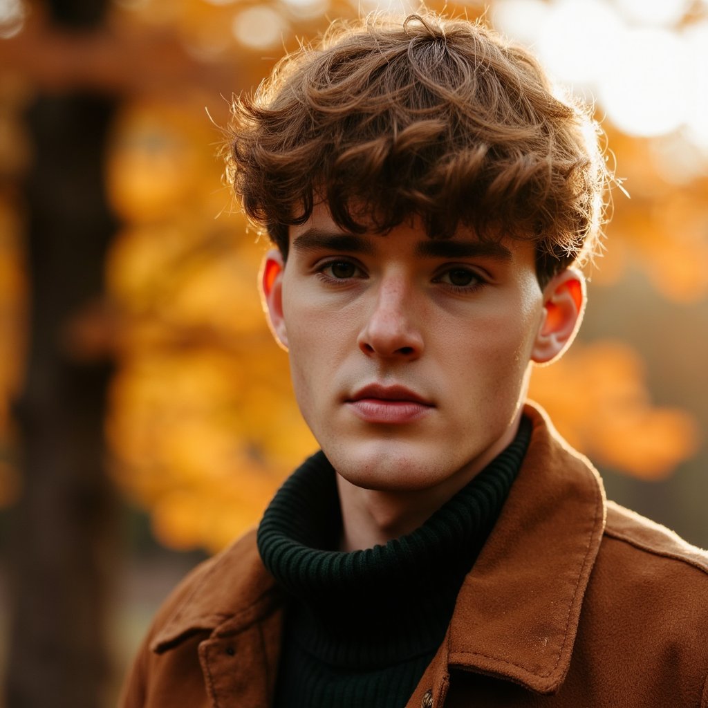 Hyperrealistic, highly detailed, HDR close-up portrait of a man (male, ~29 yrs) standing outdoors during golden hour. Camera head-and-shoulders, eye-level. He wears a brown suede jacket over a dark forest-green shirt; light wind slightly moves his short, textured hair. Warm sunlight filters through amber leaves behind, producing a glowing rim light along his shoulders. The background fades into creamy bokeh of gold and burnt-orange tones. His expression calm, faint smile lines around his mouth, eyes softly squinting from light. Fine beard stubble, natural skin tone, suede texture visible in lifelike detail. HDR, high resolution, high quality, highly detailed, photorealistic.