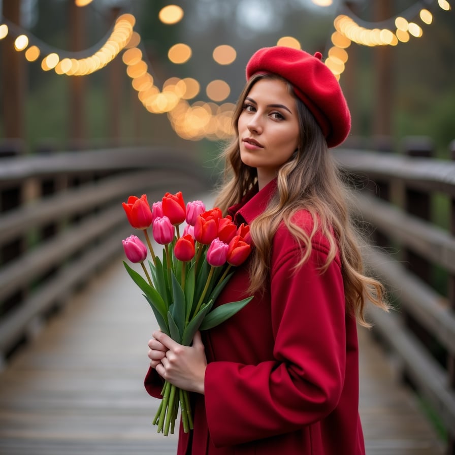 A model posing on a wooden bridge strung with fairy lights, holding a bouquet of tulips while wearing a red trench coat and matching beret.