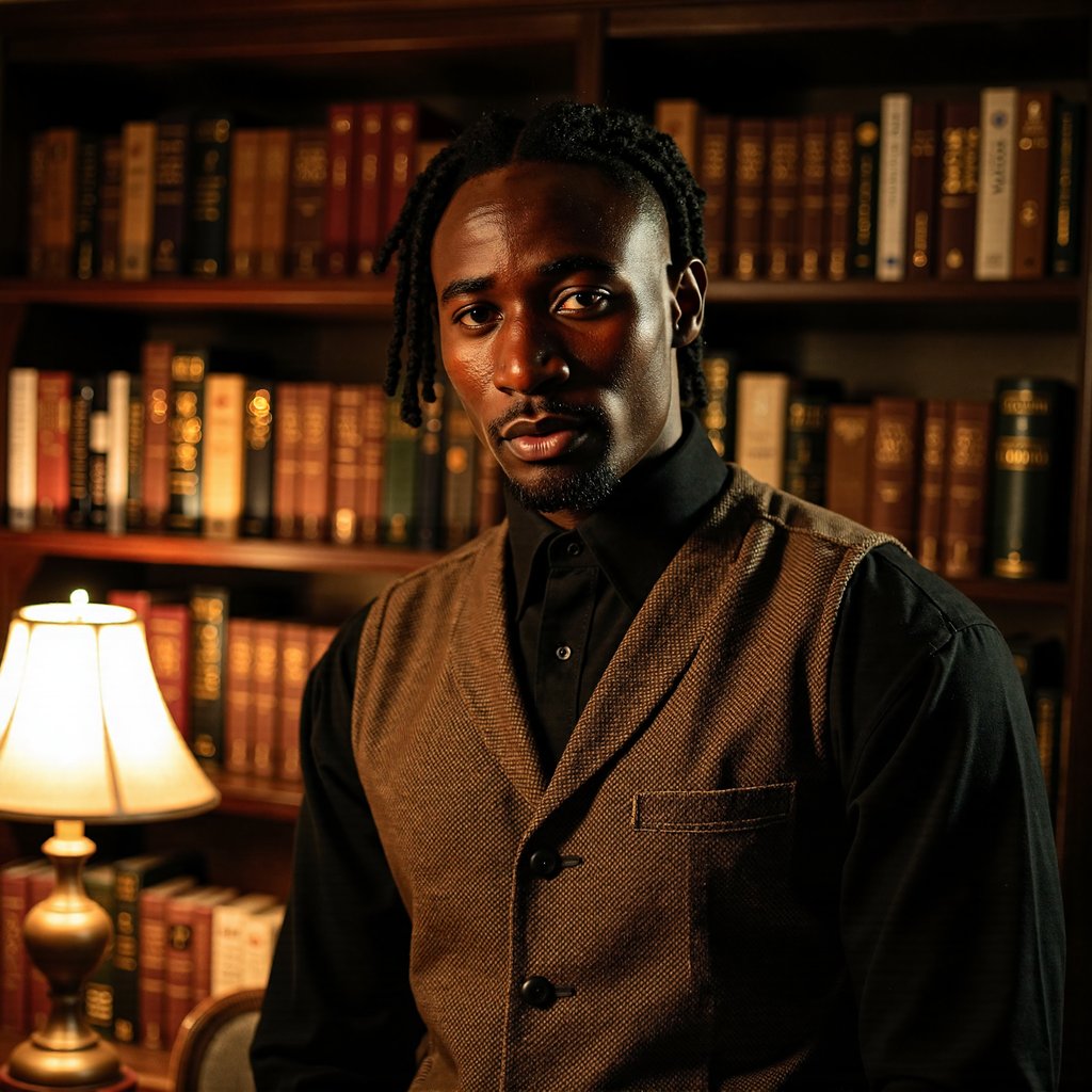 Wide shot from a slightly low angle, 24 mm lens, f/4, ISO 400, 1/60 s. The primary light source is a tall oil lamp on the desk to his left (camera-right in frame), positioned just above waist height. This produces a warm, directional glow across the left side of his torso, face, and the closest bookshelf edge. Shadows fall naturally to his right, stretching across the floor and slightly backward toward the far shelves, consistent with the lamp’s position. The secondary light source is moonlight streaming through a clerestory window directly above and behind him, entering at a steep angle and catching the top edges of bookshelves and his hairline, producing a cool, faint rim. The two light temperatures — warm from the lamp and cool from the moon — mix realistically on the tweed waistcoat (herringbone pattern visible where the lamp’s light is strongest) and brass collar bar (small specular highlight at lamp angle). Hair is neatly side-parted, with flyaways illuminated by the moonlight rim. His right hand trails along the spines of books, casting a soft shadow on the shelf immediately behind. Depth of field keeps him and the nearest bookshelves sharp, while the far wall fades slightly due to atmospheric haze, giving a sense of depth without inconsistent shadow geometry. Highly detailed, highly realistic, HDR.
