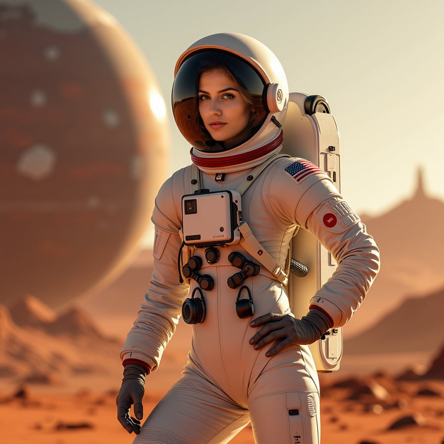 woman wearing a sleek white spacesuit, Mars landscape background with red planet terrain and dust storms, constructing a futuristic habitat module, with tools and components scattered around her, confident pose with a sense of determination and pioneering spirit.