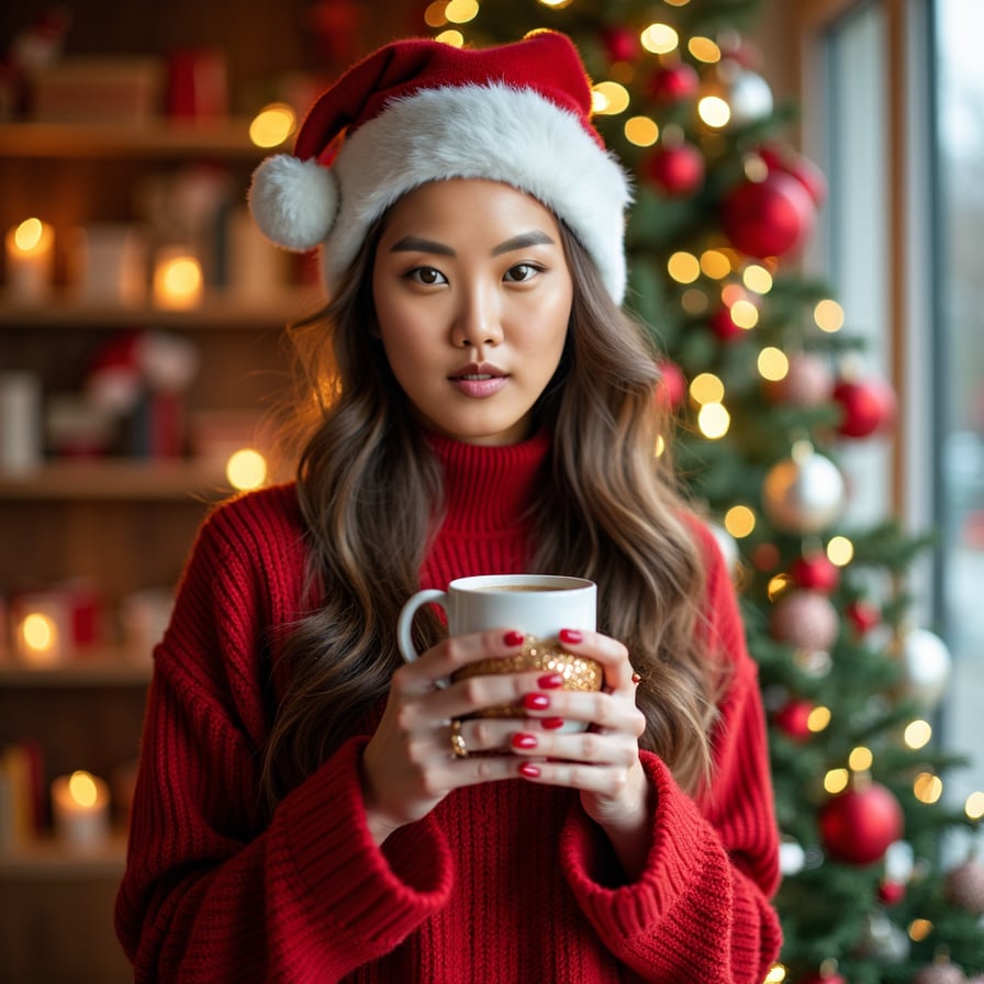 woman in festive holiday attire, adorned with sparkling jewelry and a warm smile, surrounded by twinkling Christmas lights and decorations, holding a cup of hot cocoa or a decorative ornament, against a cozy winter wonderland backdrop