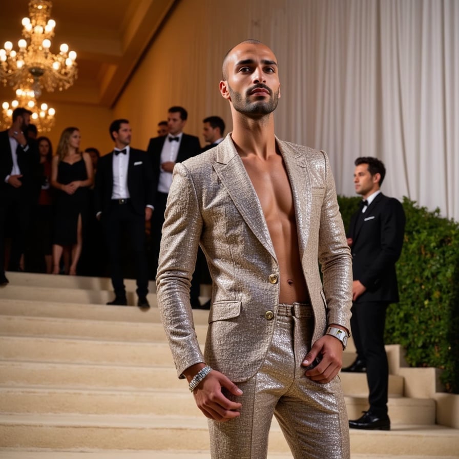 A bold Met Gala look featuring a sculpted 3D-printed chest piece, sheer floor-length skirt, and chrome-tinted body paint, pushing the edge of fashion tech