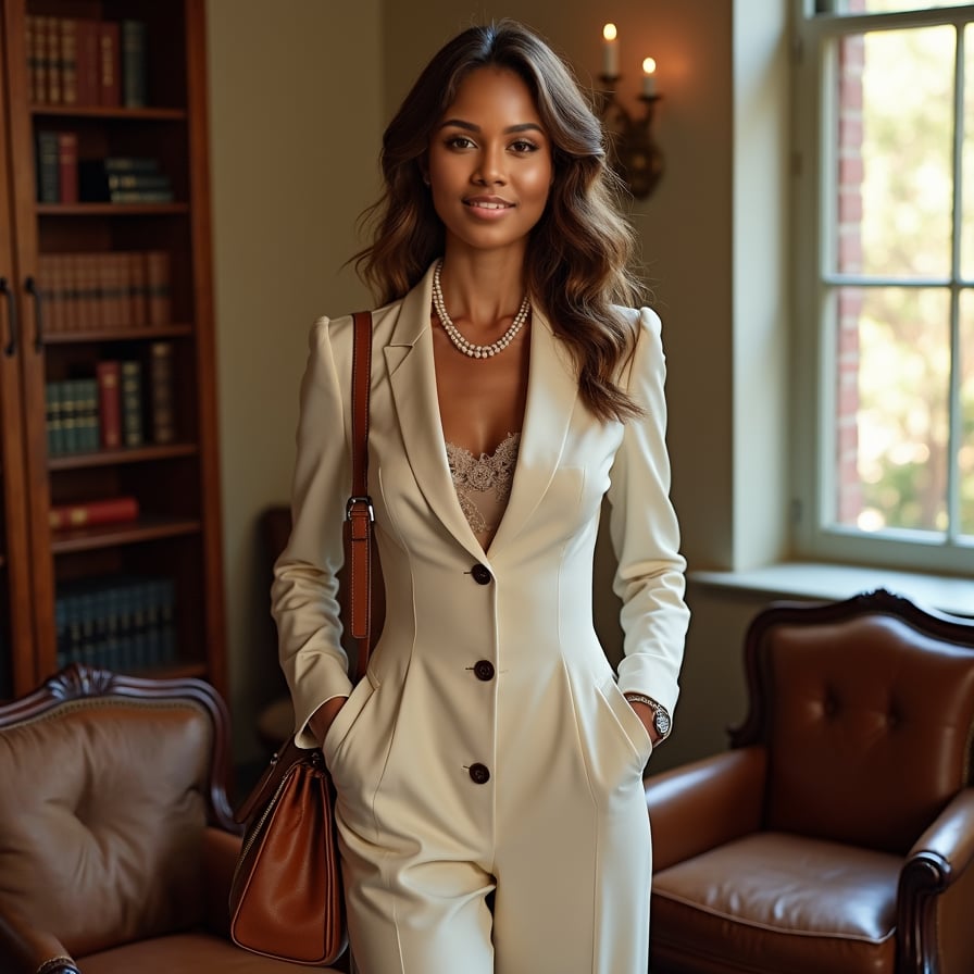 woman radiating old-money grace. She is standing near a large window with natural light streaming in, wearing a timeless outfit like a tailored blazer or a flowing gown. The background is clean and refined, with soft, luxurious textures that complement her polished look