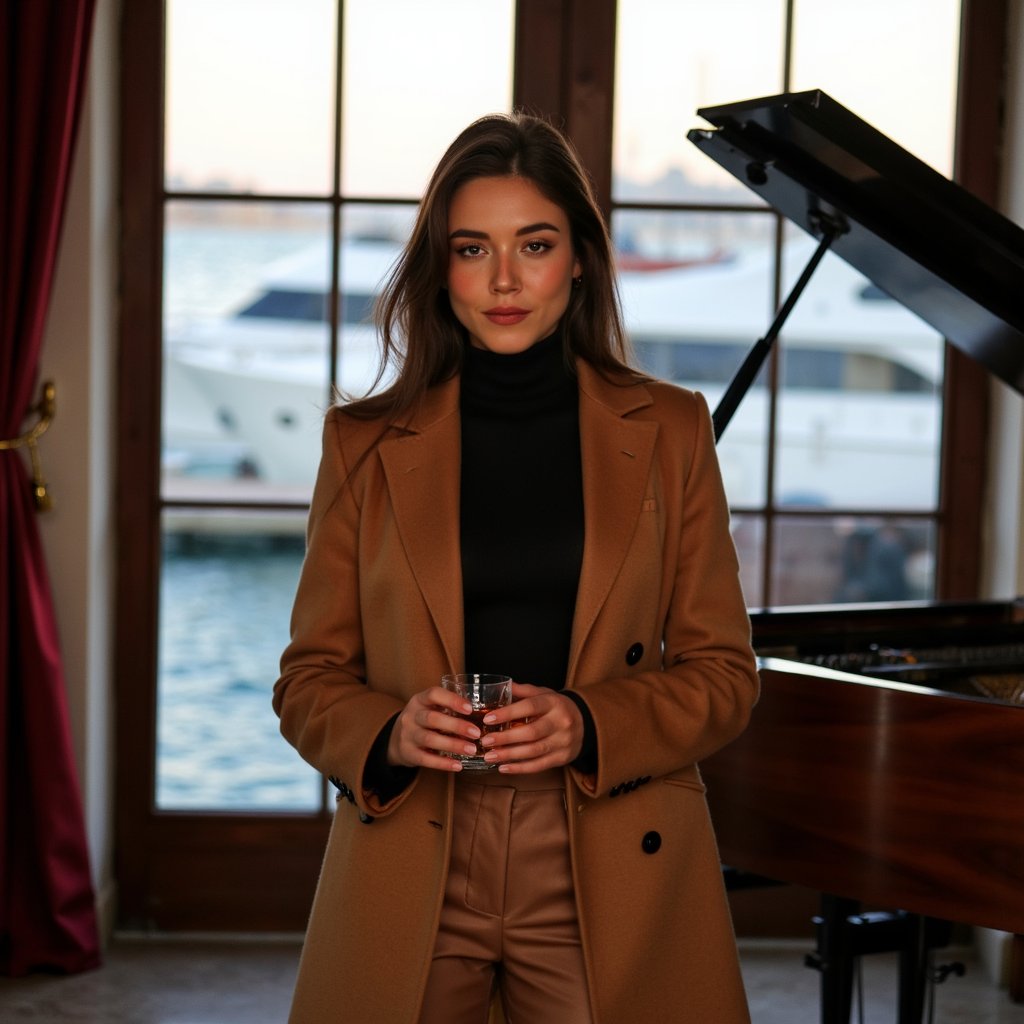 24 mm f/4.0, wide shot. Early 40s, pale skin, shoulder-length chestnut hair. Camel cashmere coat over black turtleneck, tailored trousers. Lighting: soft pastel dawn light. Pose: hands on hips, gazing over water. Background: blurred luxury yachts.