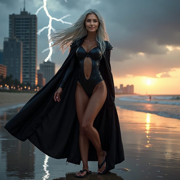 woman dressed as Storm from X-men, wearing a black leather bodysuit, long flowing white hair, and a majestic cape, posing seductively with a sultry expression, against a dark and ominous cityscape or apocalyptic background, with lightning illuminating the sky.