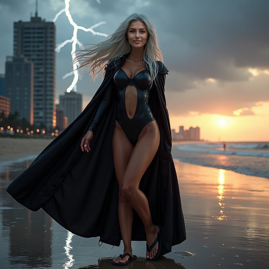 woman dressed as Storm from X-men, wearing a black leather bodysuit, long flowing white hair, and a majestic cape, posing seductively with a sultry expression, against a dark and ominous cityscape or apocalyptic background, with lightning illuminating the sky.