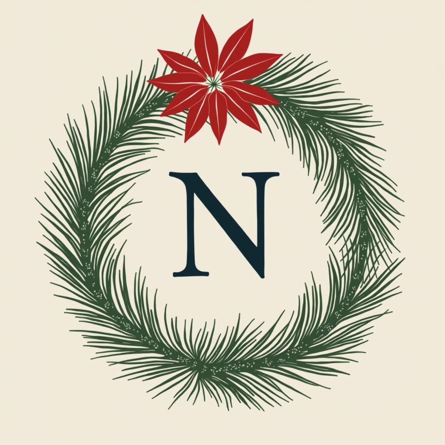A minimalist art print against a neutral background, displaying a monogram or emblem entwined with subtle holiday greenery—perhaps pine needles or a single poinsettia bloom—resulting in a refined, personal décor piece