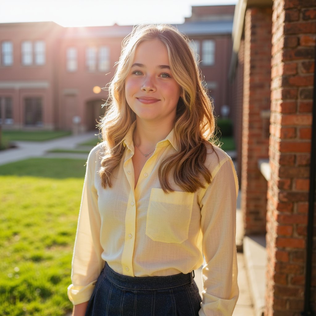Candid yearbook-style image of a 1960s teen girl outside during golden hour. Subject in focus wears a pastel yellow button-down blouse made of lightweight cotton, the fabric wrinkled slightly at the elbows and catching soft sunlight through the sleeve. A-line skirt with subtle pleats in navy wool blend, lightly textured with visible seam lines. Her brunette hair is pinned into a half-up, half-down style, curled at the ends and loosely framing her freckled cheeks. Laugh lines around her mouth and squinted eyes are visible, adding lifelike expression. A strand of hair escapes and glows in the light. Skin shows realistic shadow from the nose, with sun-kissed highlights across the forehead and tip of the nose. Background is out-of-focus grass and brick school building, rendered with creamy bokeh. Shot with a 50mm lens at f/2.2, natural lens flare on the left edge, balanced composition.