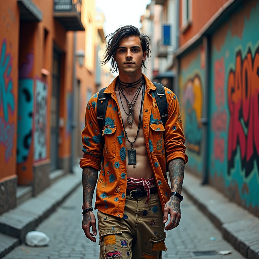man in vibrant, eclectic dress with bold patterns and bright colors, confidently walking down a lively street lined with bright street art, surrounded by urban chic architecture, under the warm glow of natural light.