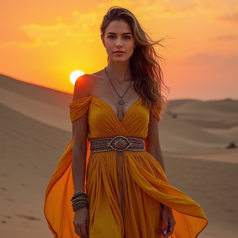 A regal woman stands against towering sand dunes under a crimson sunset, dressed