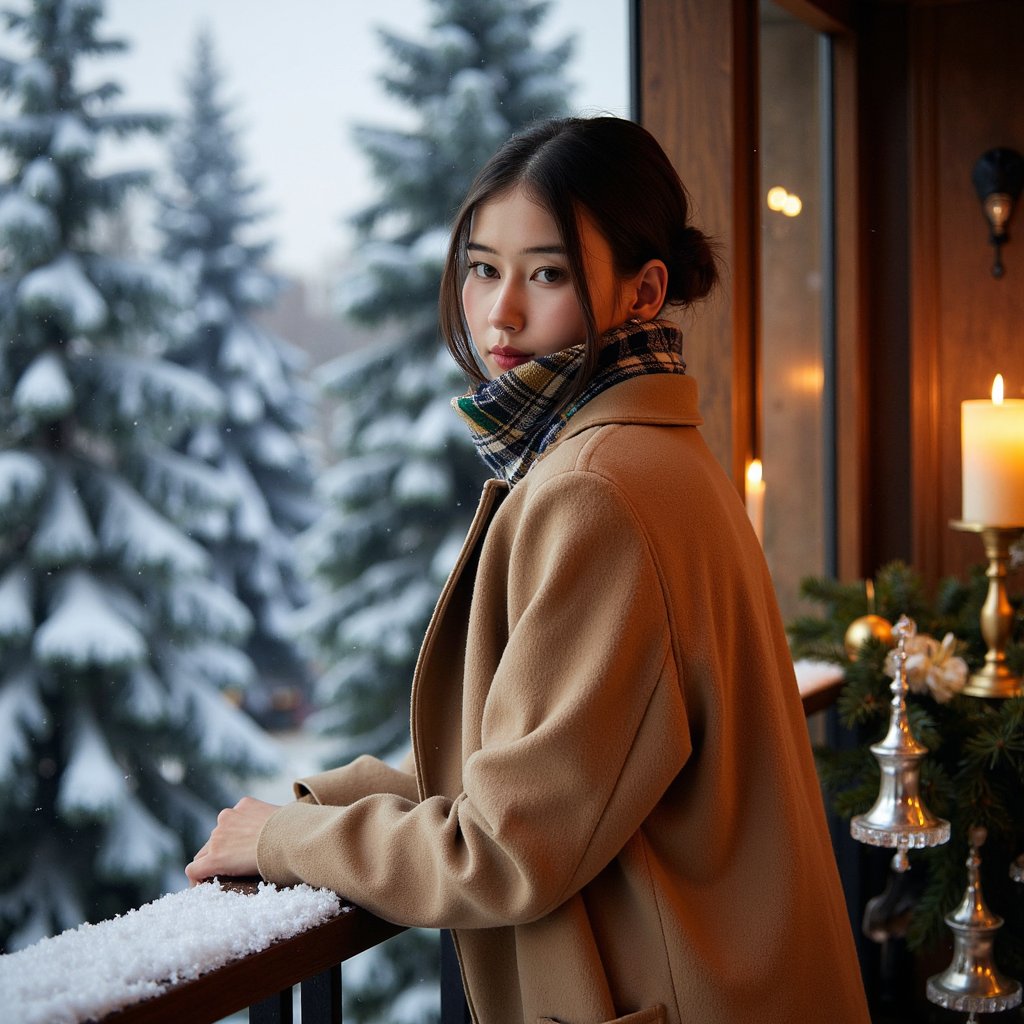 Woman on a balcony overlooking snow-covered evergreens, ambient blue hour light. Hairstyle: low bun with a few loose strands framing her face. Attire: long camel coat with high collar, plaid wool scarf, small gold earrings. Fabric details: visible wool fibers, soft woven plaid, faint frost speckles. Camera: slightly below eye level, 50mm, f/2.0. Lighting: cool ambient snowlight + subtle warm reflection from interior light behind her. Background: blurred snowflakes and golden window bokeh; soft, romantic atmosphere. Pose: one hand on balcony rail, subtle smile over shoulder.
Render: highly detailed, highly realistic, HDR; visible snow crystals, fabric texture, and natural cold-air glow.