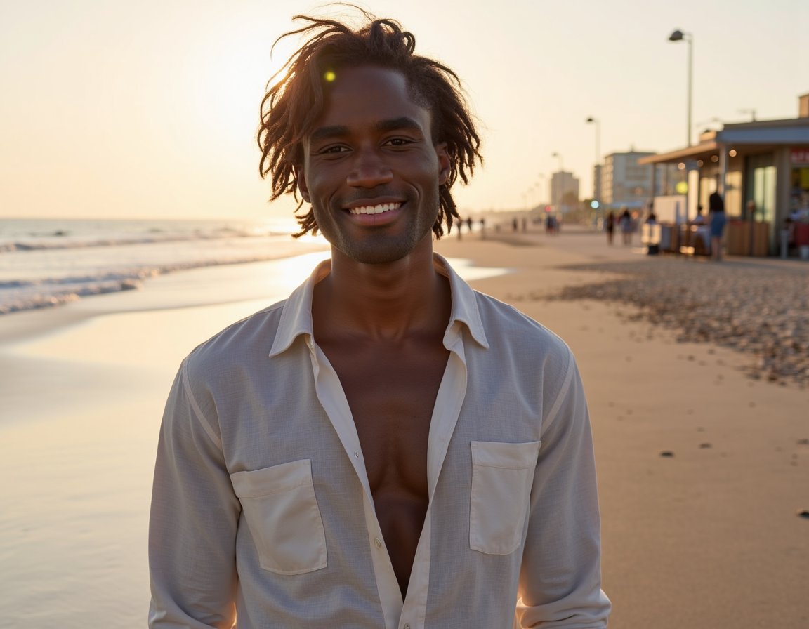 Waist-up casual portrait of a man in an open linen shirt, windswept hair. Background: blurred ocean waves and boardwalk café. Golden hour lighting casts warm glow on skin. Body at slight angle, smiling softly. Crisp details in shirt texture and sunlit hair strands.