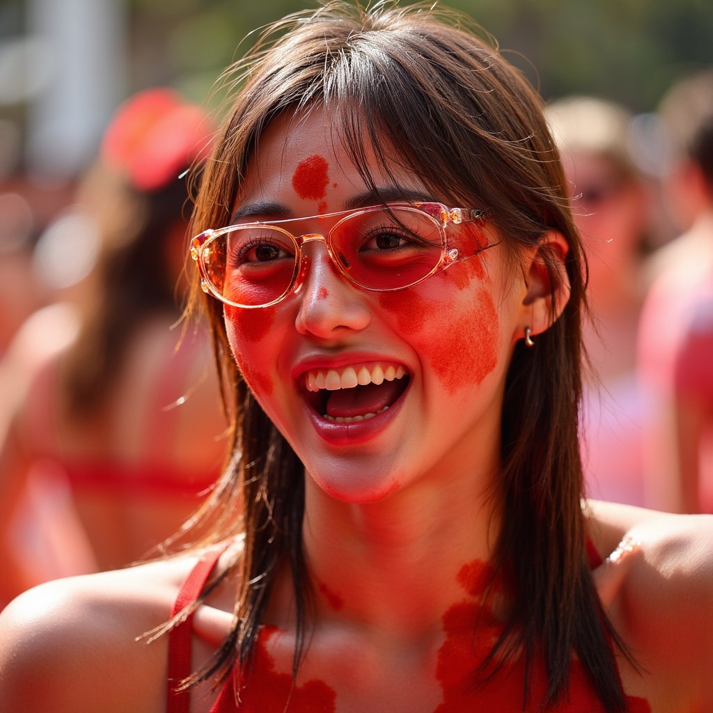 Close-up portrait of a joyful woman mid-laugh, face splattered with tomato juice, hair soaked, wearing protective goggles, La Tomatina festival vibe