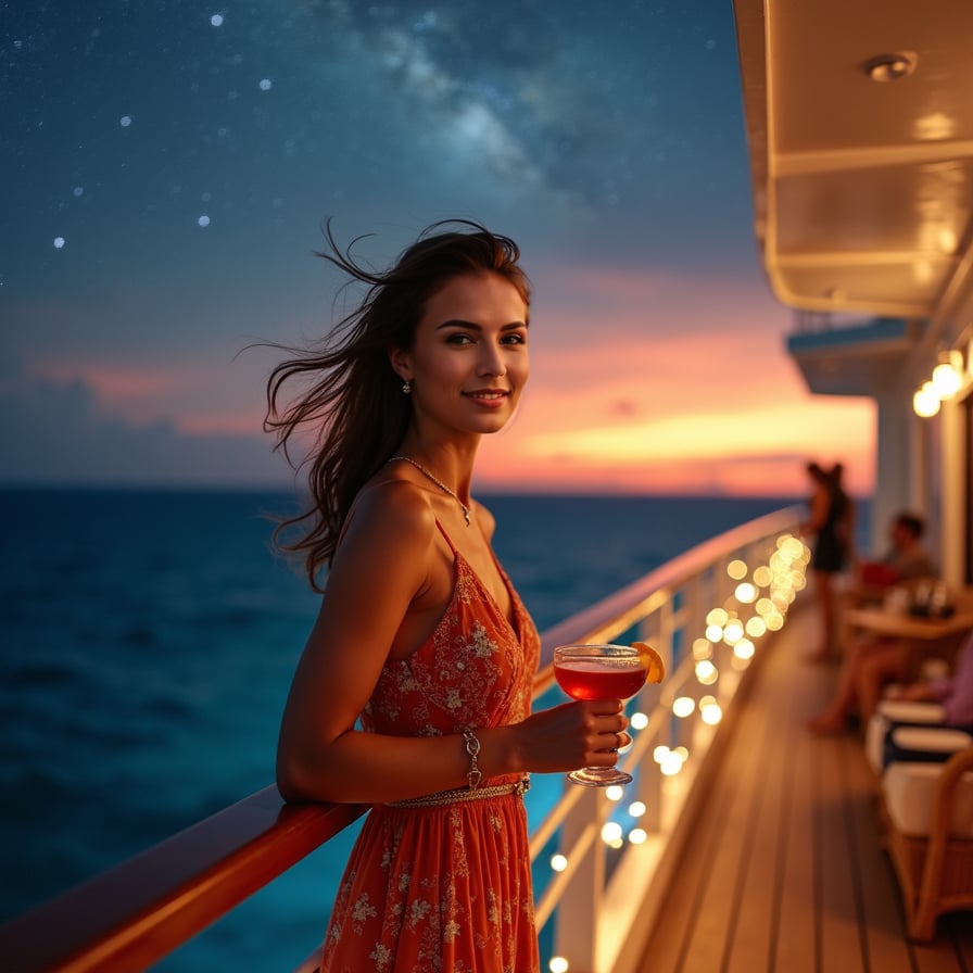 Night Under the Stars: The model is on the ship’s top deck during a starlit evening, dressed in a glamorous evening gown or elegant loungewear. She’s enjoying a romantic dinner or a quiet moment, with twinkling lights and the vast expanse of stars above.
