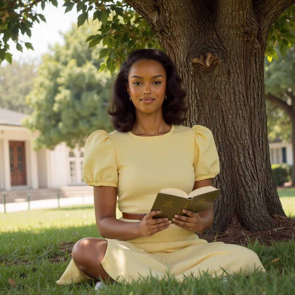 Highly realistic 1960s outdoor yearbook shot of a girl sitting cross-legged on the grass under a large oak tree, captured from a low angle with a 35mm lens. She wears a pastel yellow cotton dress with short puff sleeves, fine vertical ribbing visible in the fabric, and a fitted waistline. A thin brown leather belt cinches the dress, slightly worn at the holes. Her brunette hair is styled in loose waves, a white ribbon tied at the nape. She’s holding a paperback book in both hands, looking down at the page with a faint smile. Skin shows warm golden highlights along the cheek and nose, eyelashes casting delicate shadows. The background is a soft blur of dappled sunlight through leaves, with the texture of grass blades in the immediate foreground rendered in fine detail.
