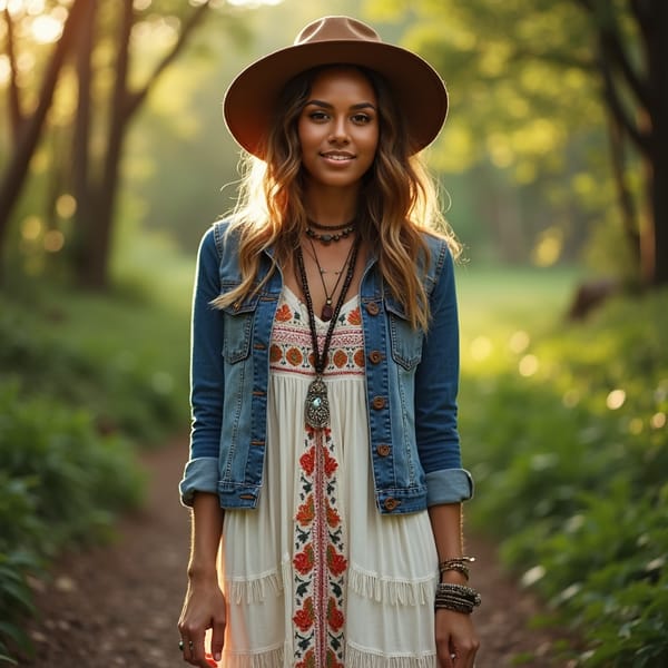 woman in flowy, eclectic bohemian dress  and lace details, loose wavy hair, natural makeup, standing in a lush green forest or a colorful outdoor setting with a warm, golden lighting.