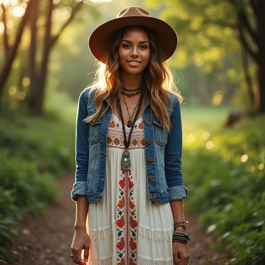woman in flowy, eclectic bohemian dress  and lace details, loose wavy hair, natural makeup, standing in a lush green forest or a colorful outdoor setting with a warm, golden lighting.