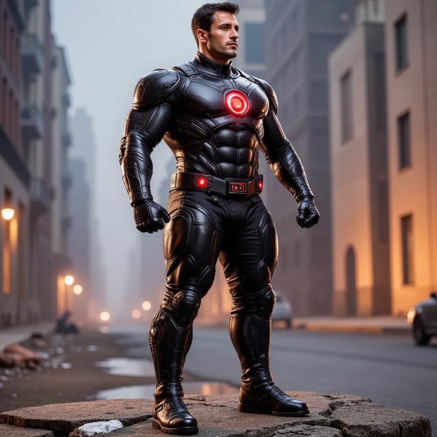 A massive superhero in dark obsidian mech armor with glowing red power core, cracked ground beneath him, war-torn urban background, Marvel concept art style