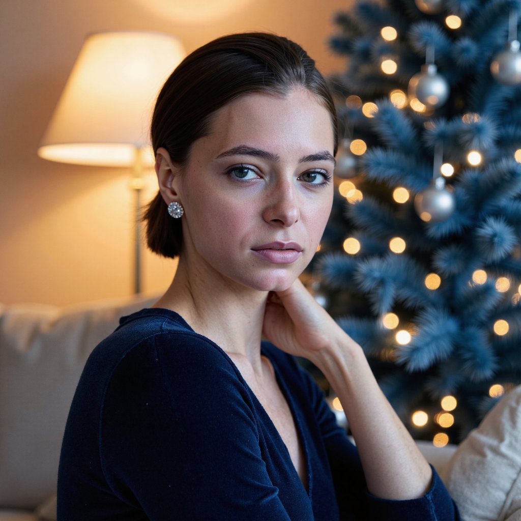 Tight headshot of a woman seated beside a softly glowing midnight-blue Christmas tree. Her body is angled slightly left, chin delicately raised, gaze directly to lens with a calm, graceful expression. She wears a navy velvet wrap top with visible velvet pile and a thin diamond drop earring on each ear.
Hair: smooth side-parted low bun with sleek shine.
Makeup: soft charcoal eyeliner, diffused cool-toned shadow, muted mauve lips, subtle highlight on cheekbones.
Lighting: cool LED fairy-light key from tree (camera-right), balanced with a warm fill from a dim lamp. A faint rim light outlines her hair.
Background: dark blue tree with silver ornaments in creamy bokeh; minimal clutter, shallow DOF.
Camera: 100mm macro portrait, f/2.8; highly detailed, highly realistic, HDR — velvet fibers, diamond glints, and natural skin texture rendered with clarity.
