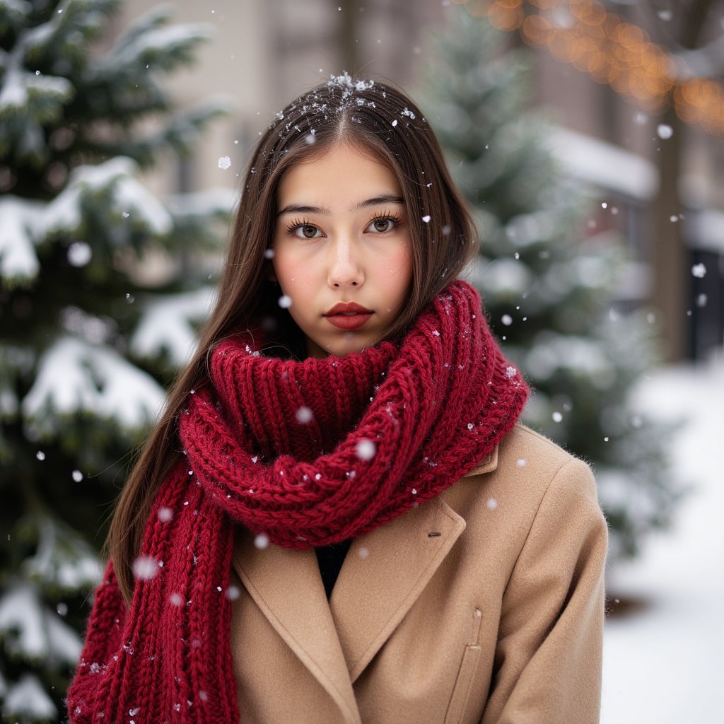 Waist-up winter portrait of a woman outdoors in softly falling snow (snow frozen in shallow DOF but no subject motion). She wears a camel wool coat belted at the waist and a thick red knitted scarf with visible chunky stitching. Hair: straight, long, tucked inside the scarf; a few flyaway strands adding realism. Makeup: satin warm-nude lips, lightly flushed cheeks, soft brown eyeliner. Lighting: natural overcast daylight softened by snow, with a faint silver reflector fill from below. Background: blurred evergreen trees with a few warm twinkle lights; minimal clutter. Camera: 85mm f/2, eye-level; highly realistic, highly detailed, HDR, clear snowflakes on hair and coat fibers.