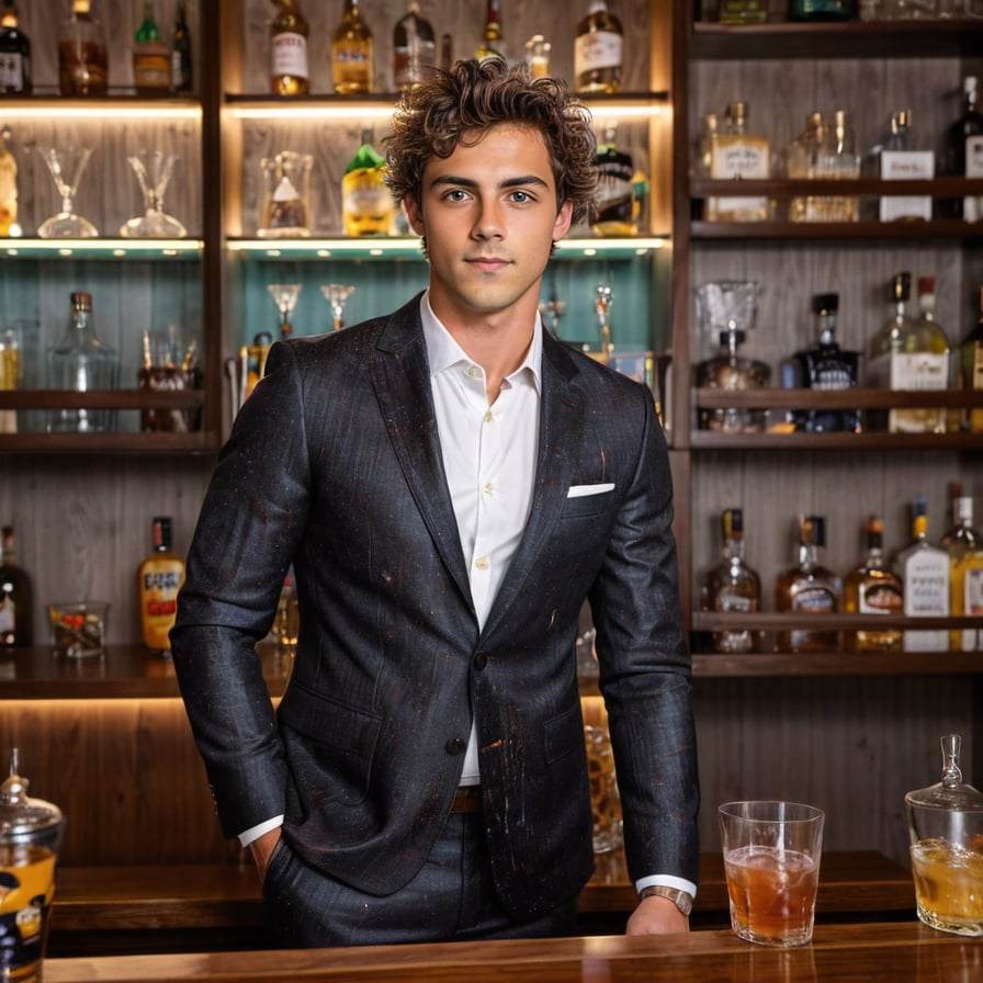 Handsome man in dark bar, seductive smile, party atmosphere.