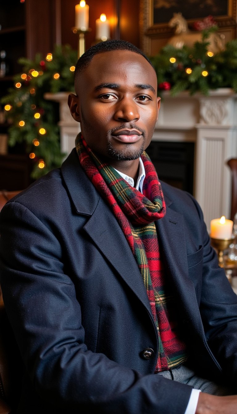 cinematic portrait of a stylish man dressed in rich tartan layers for a ralph lauren christmas evening. he wears a tailored navy wool coat left slightly open to reveal a deep red and green tartan scarf wrapped neatly around his neck, paired with a crisp white shirt. his hair is neatly combed back, jawline clean and defined, expression calm and confident as he looks slightly past the camera. golden highlights from string lights and a fireplace cast a warm glow along one side of his face, while hints of dark green garlands and red ribbons frame the blurred background. subtle film grain, strong yet soft contrast, high resolution, hdr, highly detailed, photorealistic.