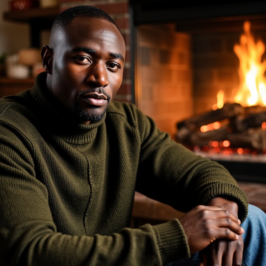 Hyperrealistic, highly detailed, HDR waist-up portrait of a man (male, ~35 yrs) sitting near a glowing fireplace in a dimly lit cabin interior. Camera slightly above eye level (~10° down). He wears a dark olive knit sweater with thick ribbed cuffs and visible wool fibers, sleeves loosely folded at wrists. His elbows rest lightly on knees, hands loosely clasped. Firelight reflects softly in his eyes, adding amber glow to facial contours. Background blurred but warm — faint flicker of flames and texture of brick hearth. Visible details: skin pores, faint stubble, sweater fibers, reflected light gradients on face. The mood: introspective Thanksgiving evening. HDR, high resolution, high quality, highly detailed, photorealistic.