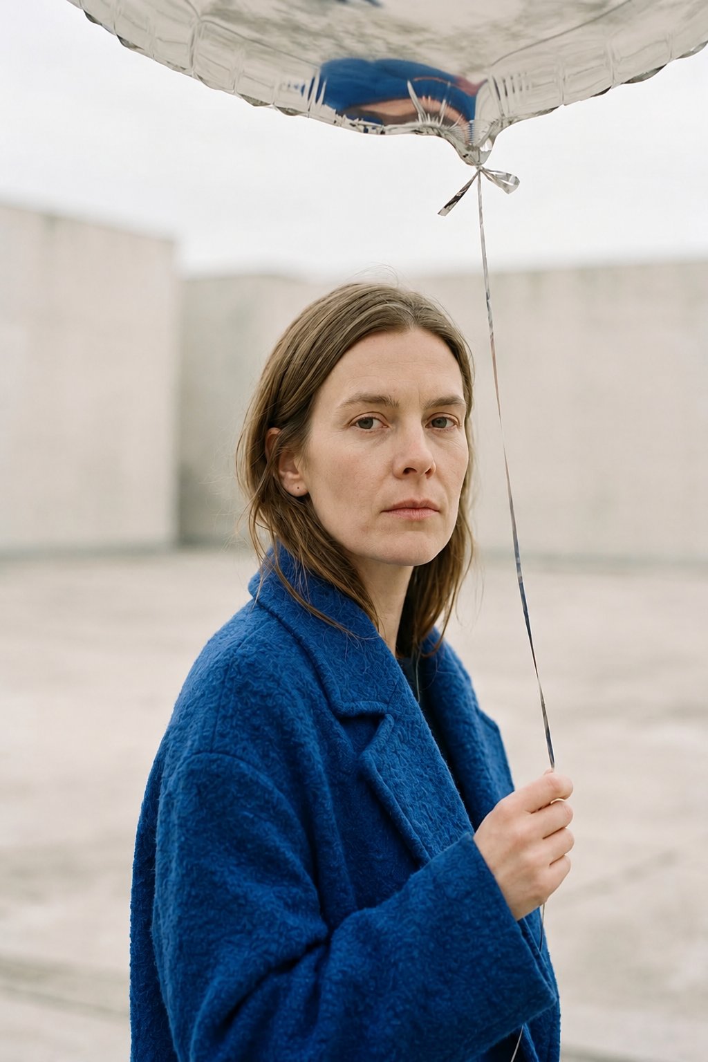 Shoulders-up portrait of the woman with the balloon's curved edge beside her
face