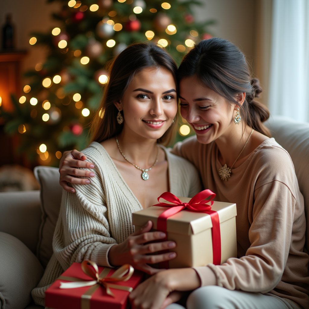 woman with a heartwarming smile, surrounded by thoughtful gifts, sharing warm hugs and gratitude with loved ones, soft natural lighting, cozy indoor setting with a subtle background blur.