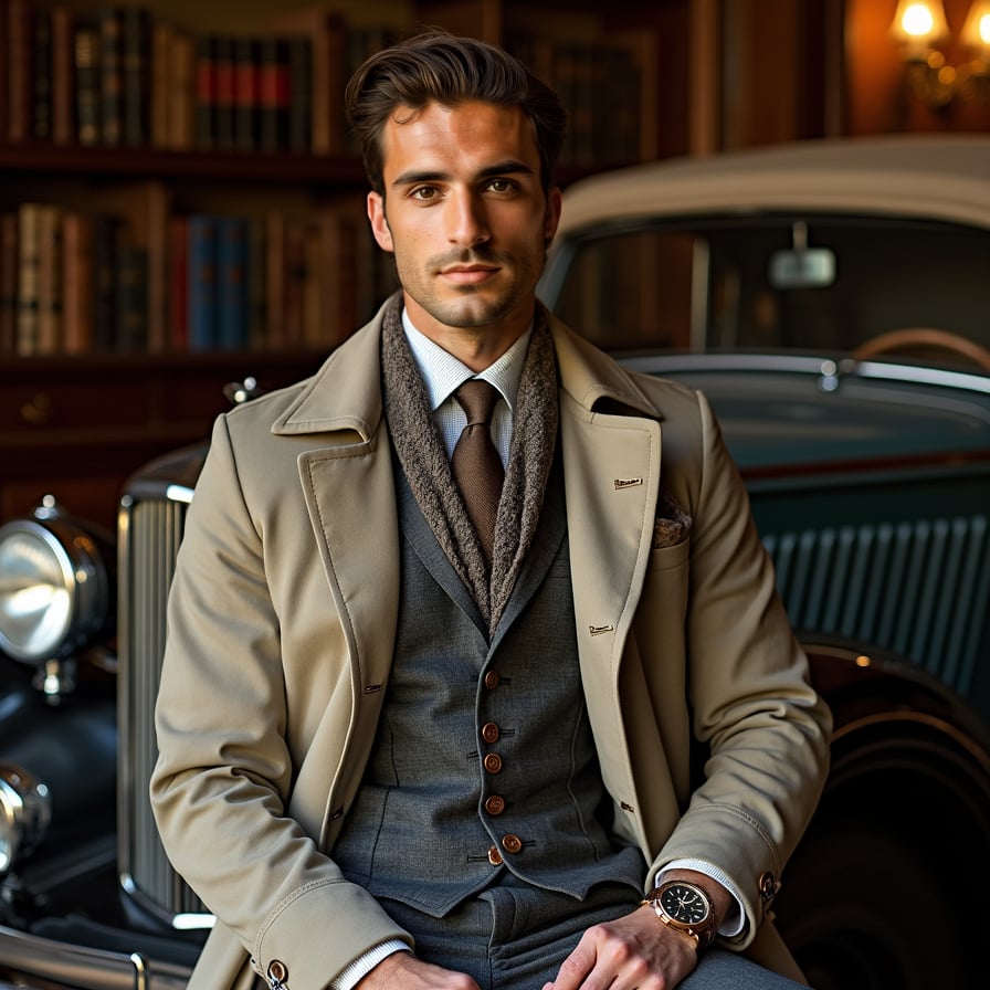 man standing in front of a classic car or a vintage mansion. He is dressed in a trench coat or tailored jacket with a scarf, evoking a sense of timeless elegance. His expression is confident, and the lighting is warm and reminiscent of a bygone era