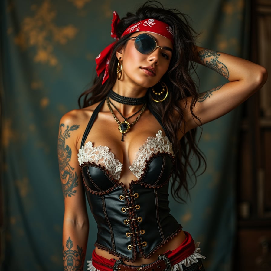 woman in a pirate-inspired costume, adorned with a bandana, eye patch, and a faux leather corset, posing dramatically in a photo studio with a dark, moody backdrop and soft, golden lighting.