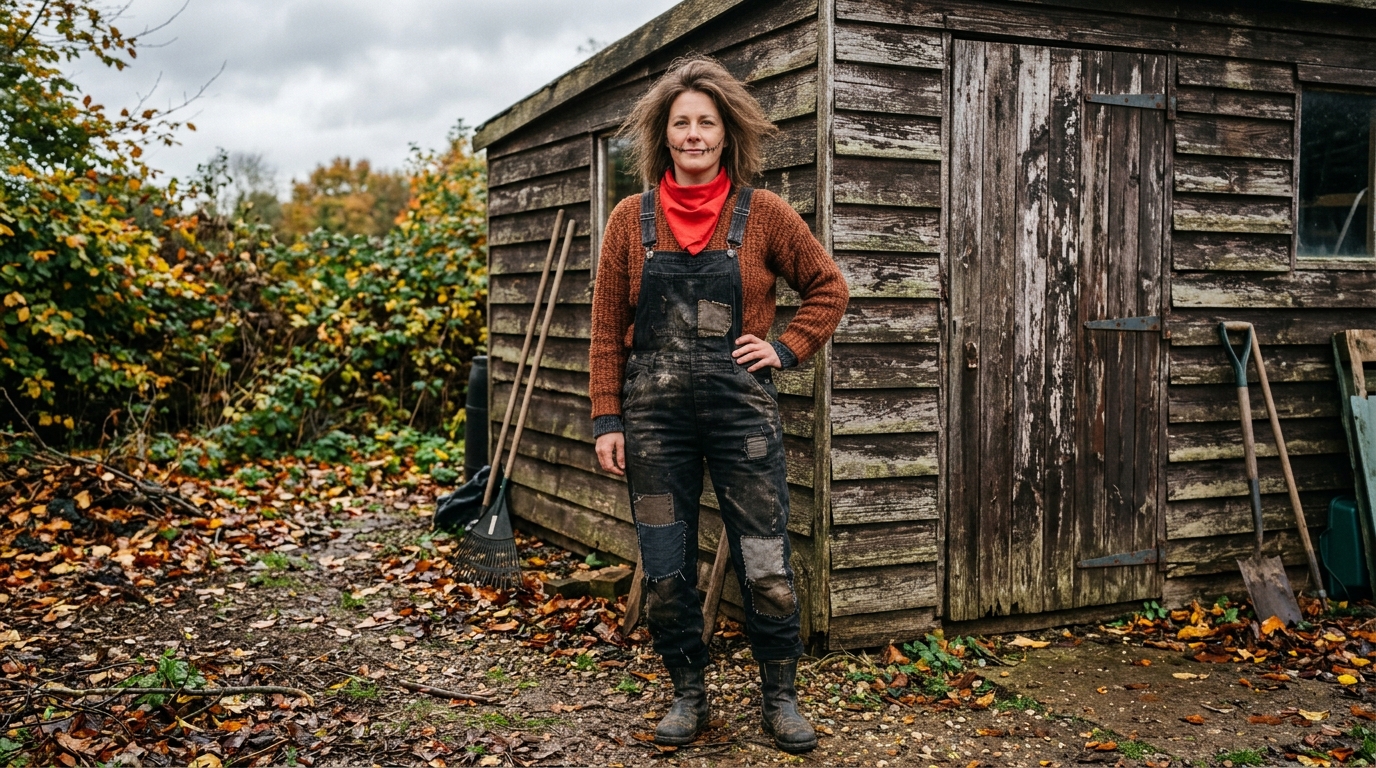 Punk scarecrow costume with patched black denim