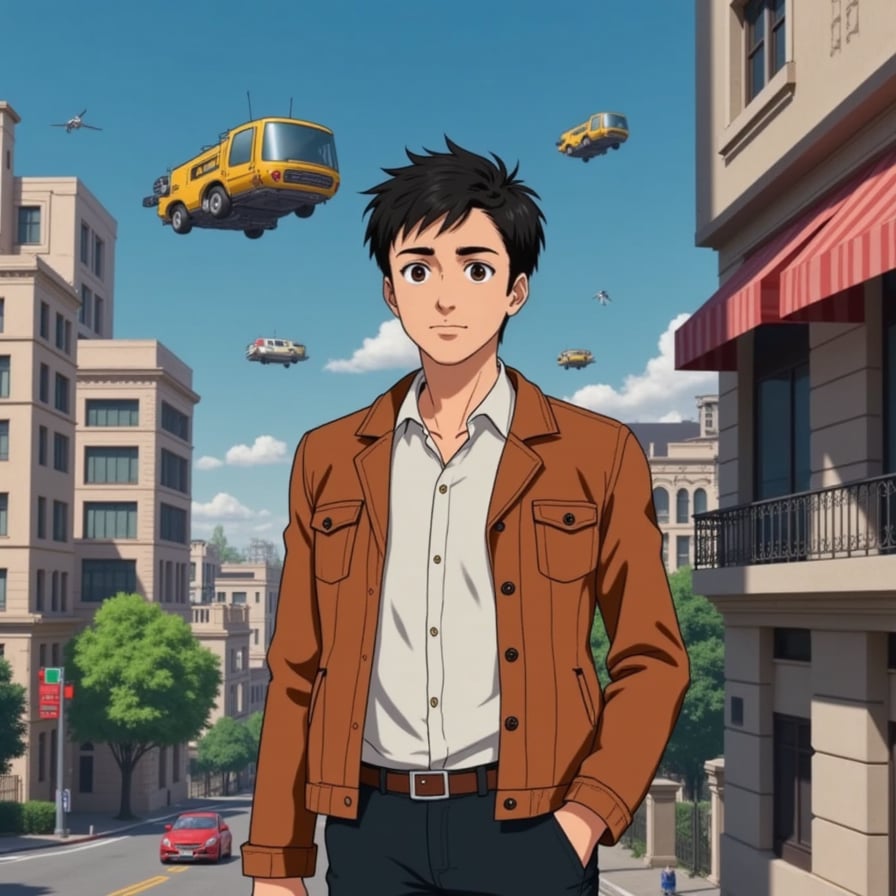 engineer in a futuristic city with mechanical buildings all around and flying cars