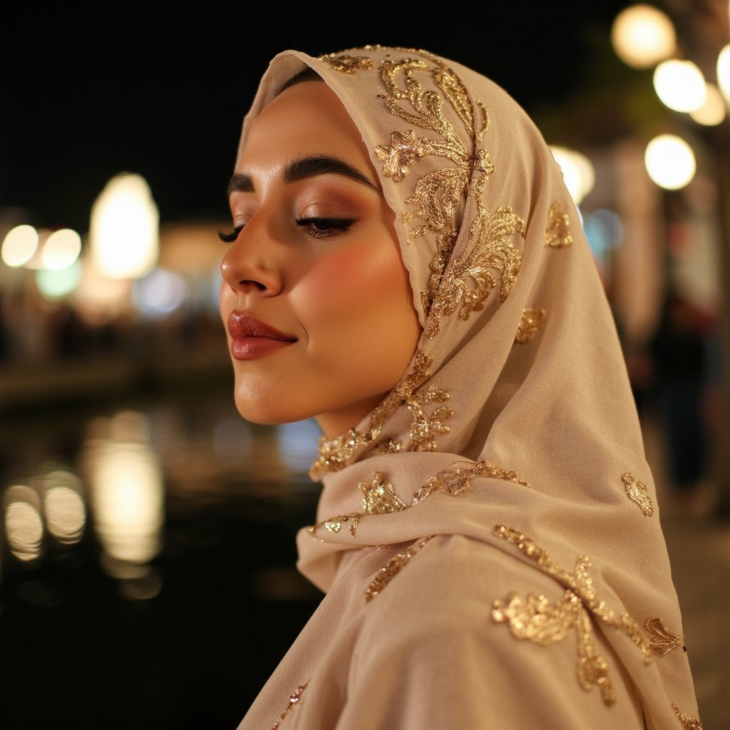 Close-up headshot of a woman in an elegant hijab with gold embroidery, eyes closed in reflection, soft background lights resembling Mawlid night ambiance