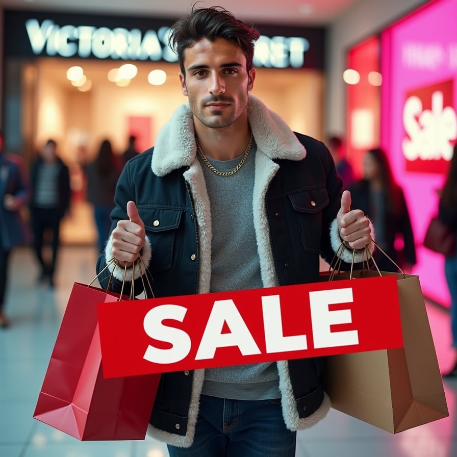 A collage of different shopping-themed images with a bold, eye-catching sale graphic overlay, including a blurred Victoria's Secret store background and a 'Sale' sign