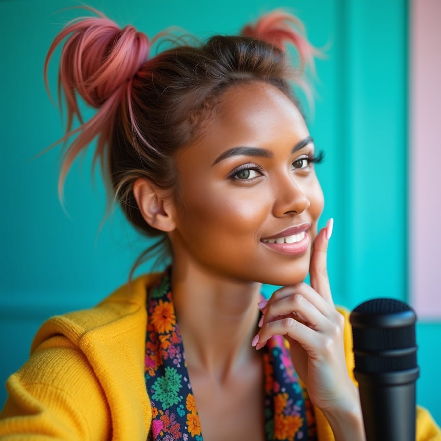 Create a customized thumbnail headshot of a woman with an expressive pose, such as holding her chin thoughtfully or gesturing energetically. She is wearing trendy clothing, with a vibrant and themed background that aligns with her content. The design should reflect her unique branding style