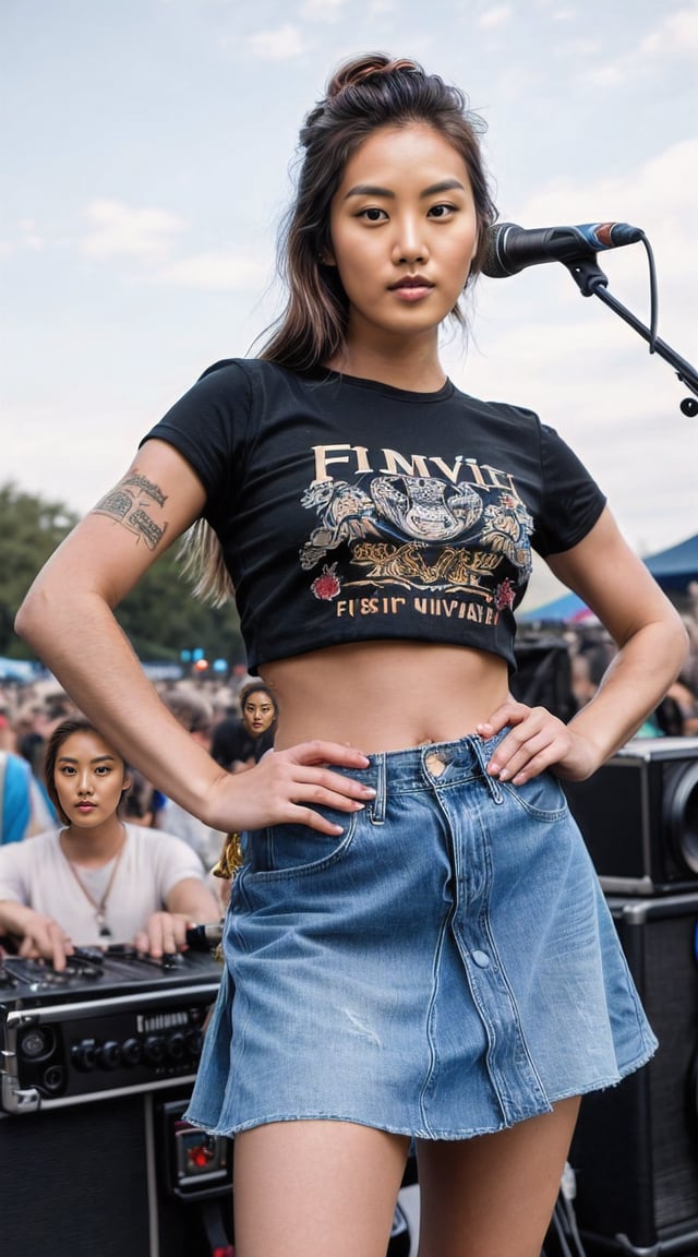 Woman in crop top, festival attire, DIY culture.