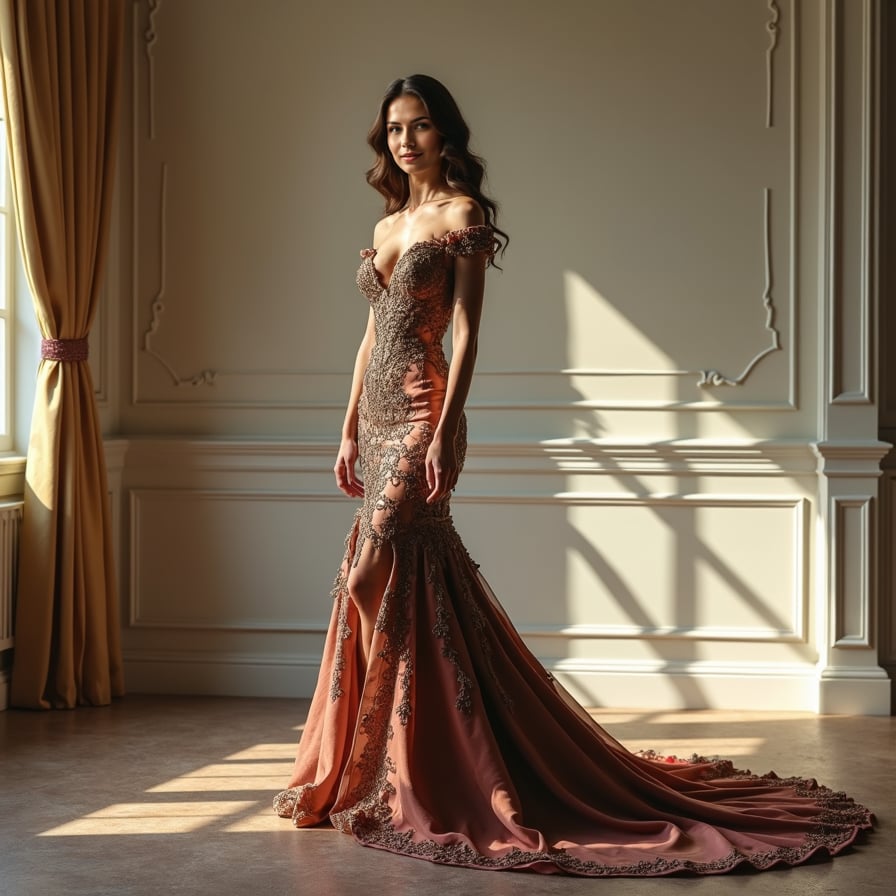 Royalty Inspired: The model is dressed in regal attire, such as a majestic gown or a sophisticated suit, with intricate accessories. She poses in a grand, historical setting, like a palace or a stately home, embodying the elegance and poise of royalty.