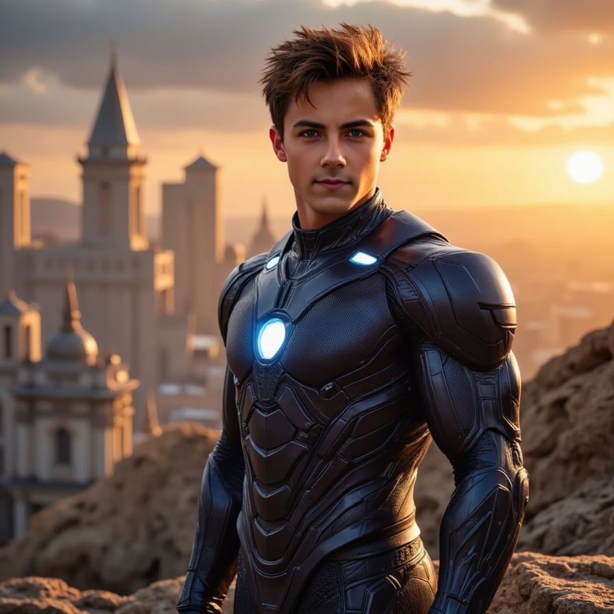 Stoic male superhero inspired by Iron Man and Black Panther, nano-tech suit partially transforming, city in ruins behind, reflective visor, dramatic sunset backdrop, Marvel movie still quality