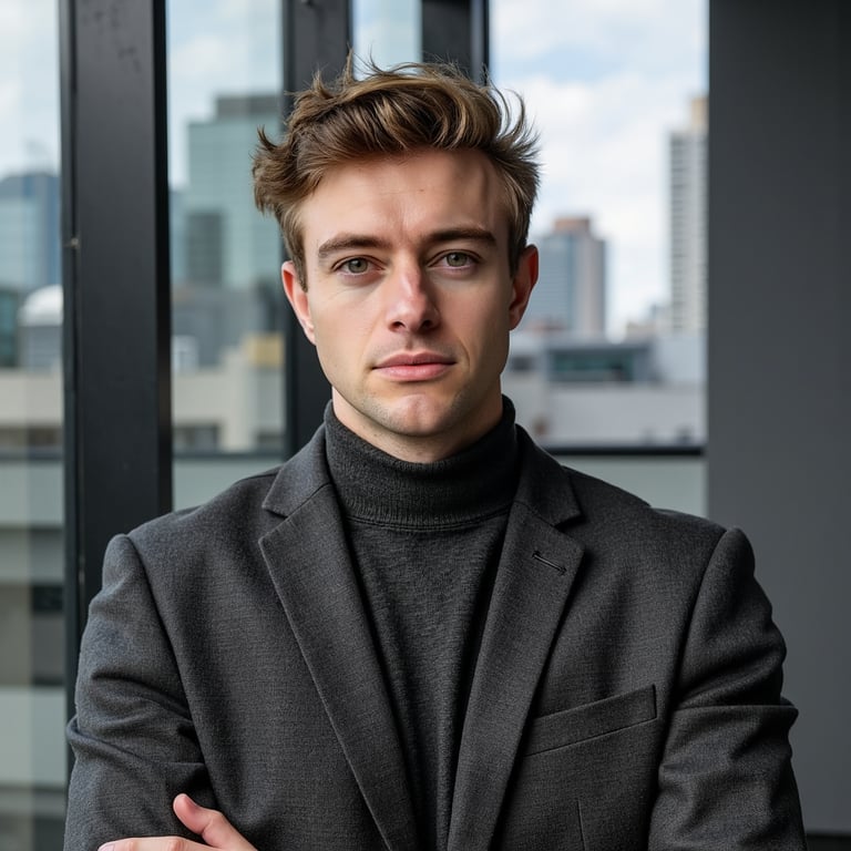 man wearing a charcoal gray turtleneck sweater, with his chin slightly raised, e