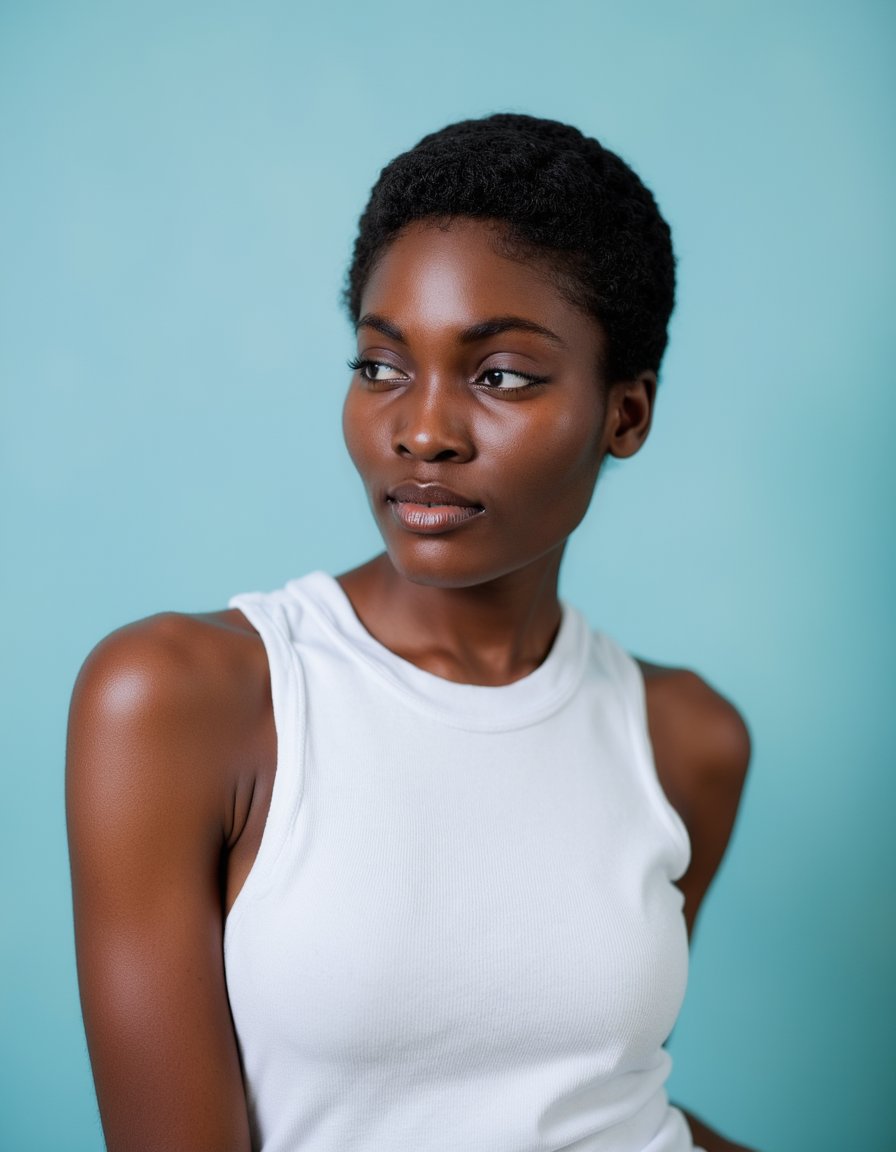 woman wearing a pristine, minimalist white tank top, the fine knit subtly visible. Her short, naturally curly hair frames a serene expression as she faces frontally, eyes gazing softly into the distance. The solid pastel blue backdrop glows with even, soft studio lighting, highlighting the authentic texture of her skin, showcasing subtle imperfections for a truly photorealistic, high-resolution portrait.