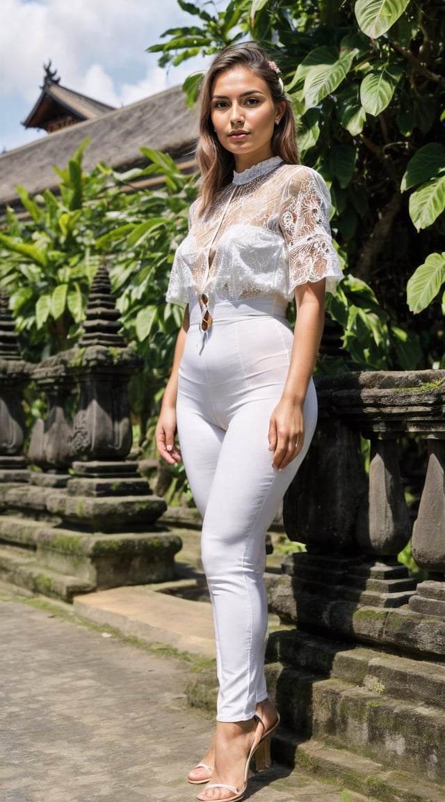 Woman in Instagram style, Bali setting, hourglass figure.