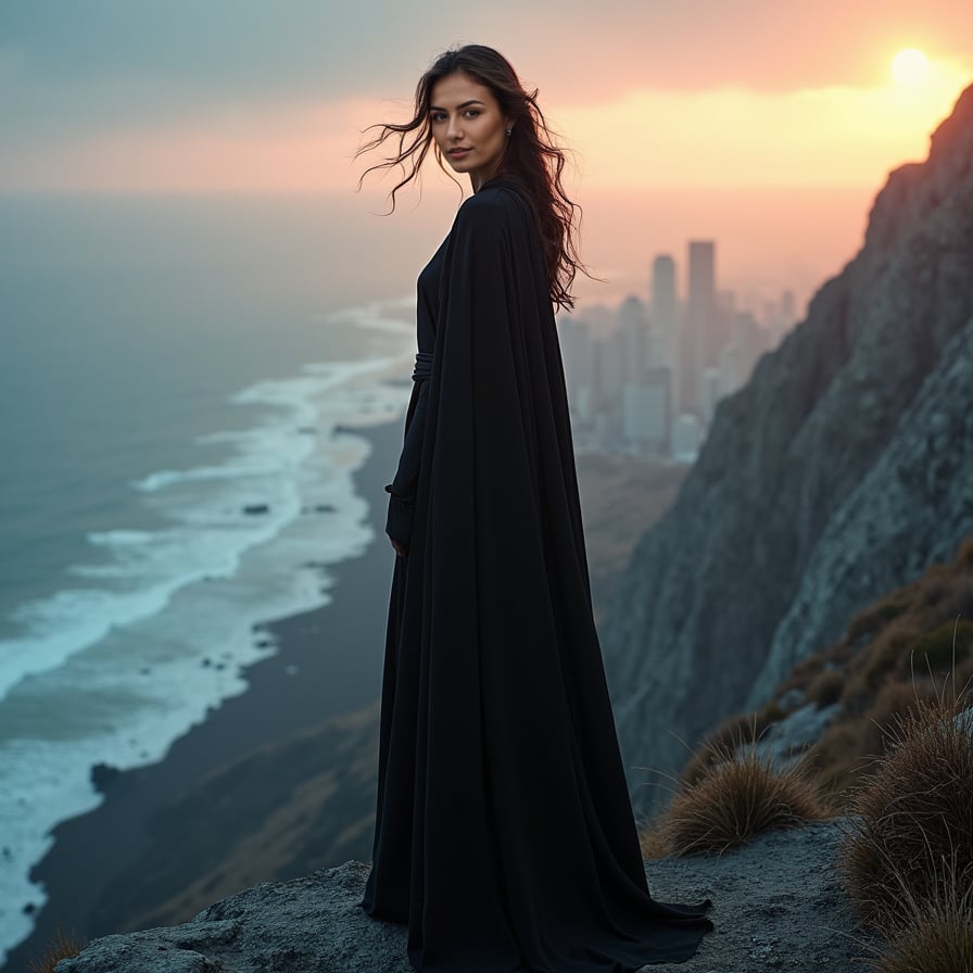 A woman (Bella) standing on a rocky cliffside, looking directly at the camera with a contemplative expression. She's wearing a long, flowing cloak and her hair is blowing in the wind. The background is a dramatic, misty landscape, with the ocean stretching out to the horizon. The lighting is soft and ethereal, with a hint of moonlight casting a silver glow.