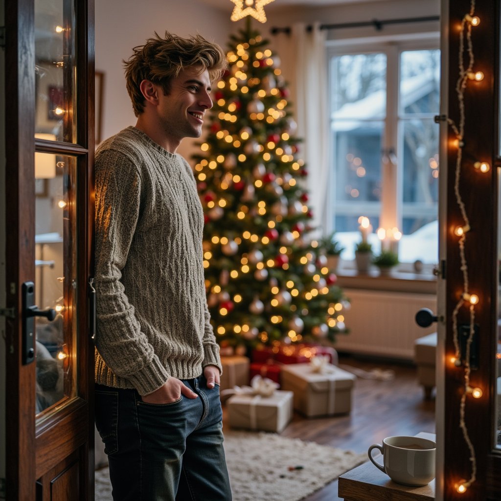close up of a man wearing a cozy knitted sweater and dark jeans, leaning casually in a doorway that opens into a softly lit living room with a decorated christmas tree in the background. he’s framed on the left side of the image, looking toward the tree with a relaxed, thoughtful expression. a few opened gift boxes and pieces of wrapping paper are visible on the floor near the tree, slightly out of focus. a simple ceramic mug of hot cocoa rests on a nearby side table. warm fairy lights from the tree create a soft glow along the edge of his face and hair, while the rest of the room falls into gentle shadow. subtle reflections shimmer on the ornaments, with a hint of a cool blue winter night visible through a window behind the tree. cinematic off-center composition, ultra-detailed textures, highly realistic, hdr.