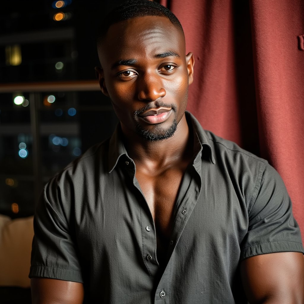 A highly detailed, highly realistic HDR waist-up portrait of a 28-year-old male creator in an undone charcoal button-down shirt, exposing part of his toned chest, sleeves casually rolled up. He leans against a rich velvet backdrop with one arm braced, head tilted slightly, lips curved in a subtle smirk. Captured at 50mm f/1.8, a dramatic spotlight from camera left sculpts his jawline and collarbones, while warm fill light softens his gaze. His eyes meet the camera with slow-burning confidence, embodying the intimate, premium OnlyFans vibe rather than a traditional fashion shoot.