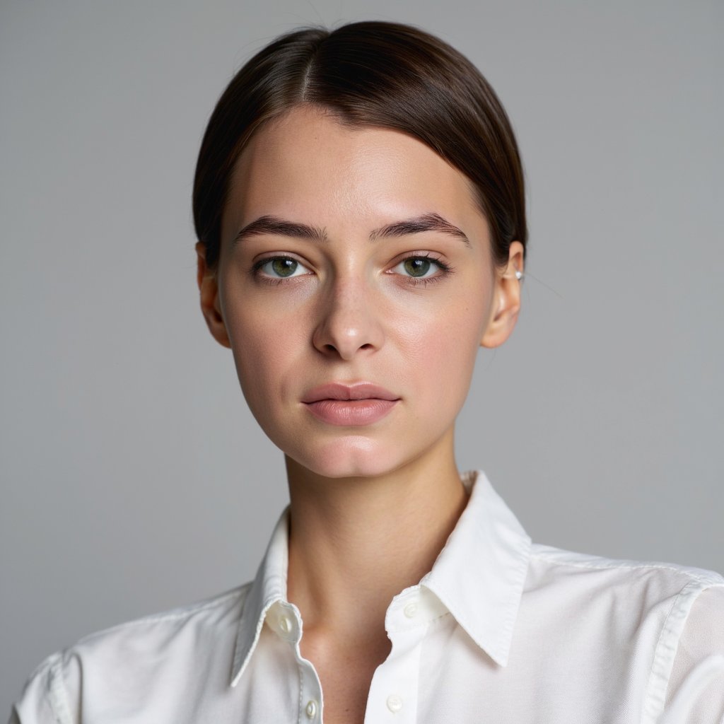 A highly detailed, highly realistic HDR passport-style headshot of a woman in her early 30s. She has smooth brown hair tied into a neat low bun, with no stray strands. She wears a crisp white collared shirt with minimal texture and a soft matte finish. The camera is positioned straight at eye level for a standard passport shot. Lighting is bright, soft, and perfectly even from both sides, eliminating all shadows on the face. Background is a solid pale gray with zero texture and very subtle falloff near the edges. The expression is neutral, lips relaxed, eyes focused directly on the lens. Skin tone is natural with visible fine detail. The image captures micro-texture on the shirt collar and small highlights in her eyes. Extremely clean and professional with no distractions.