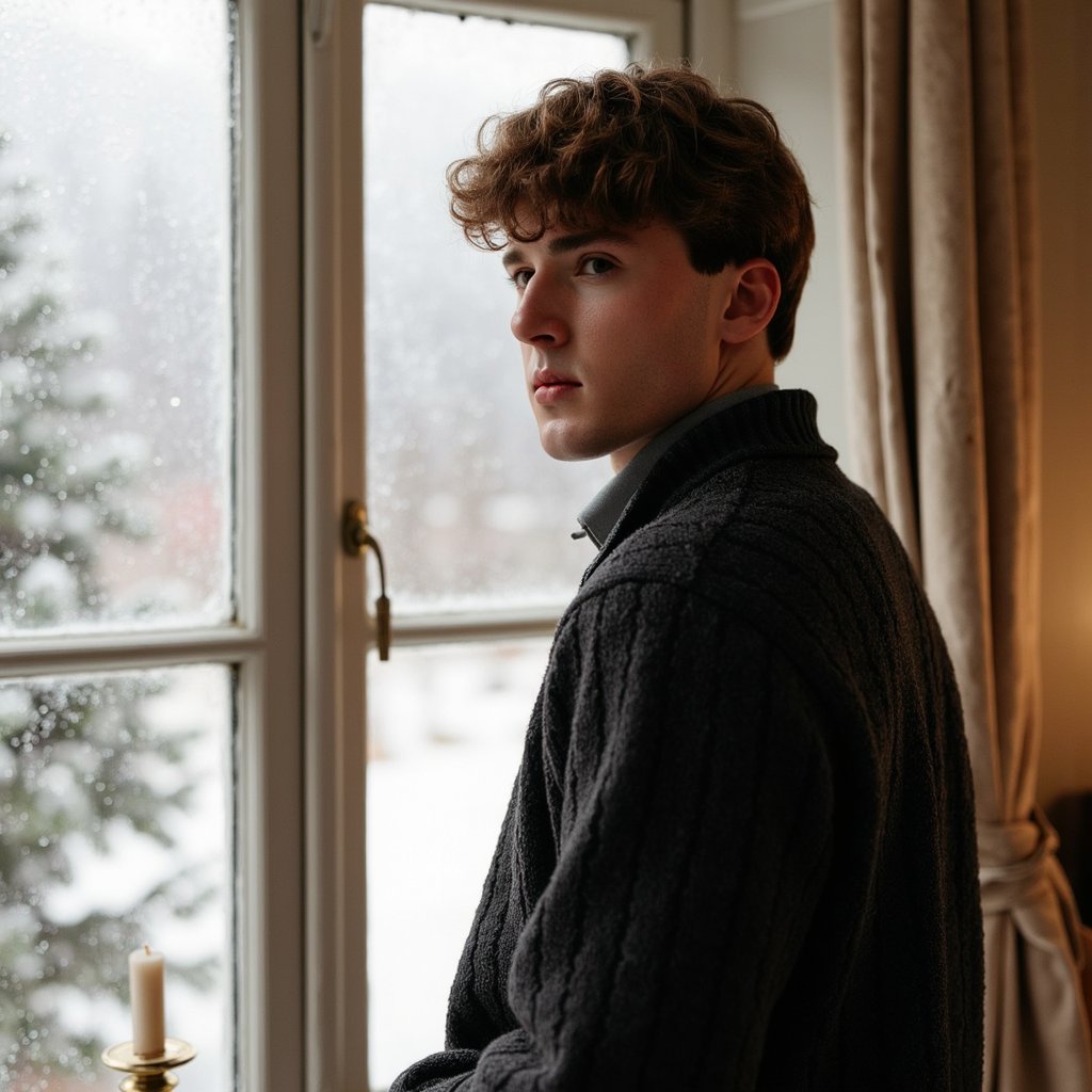 Waist-up portrait of a man standing at a frost-kissed bay window, turned 30° away from camera and gazing past the lens, off-center framing. He wears a charcoal wool cable-knit sweater layered over an oxford shirt with a slightly rumpled collar; fine wool fiber texture visible. Hair: short, side-part, lightly tousled; subtle weekend stubble. Lighting: cool north-light window key with a gold bounce fill from the right to add Christmas warmth; faint practical bokeh of a small tree in the background. Background: frosted glass with delicate condensation trails; minimal decor (a single brass candlestick out of focus). Camera: 50mm lens, f/2; highly realistic, highly detailed, HDR; crisp eye catchlights, sweater pattern sharply resolved; calm, still pose.