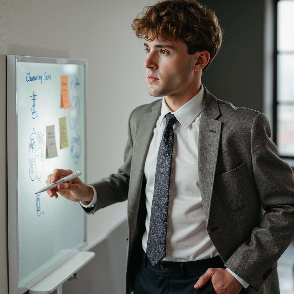 Highly detailed, highly realistic HDR office portrait of a man product manager in a light gray twill shirt with sleeves rolled, dark chinos, stubble neatly trimmed. Camera: 35mm lens, f/2.8, ISO 250, waist-up, slight diagonal angle from the side. Lighting: daylight from large window as main key, soft LED fill from ceiling; natural shadow cast on whiteboard behind. Pose: right hand holding marker mid-drawing, left hand in pocket, thoughtful engaged expression. Background: blurred whiteboard with a few neat diagrams and sticky notes, minimal clutter.